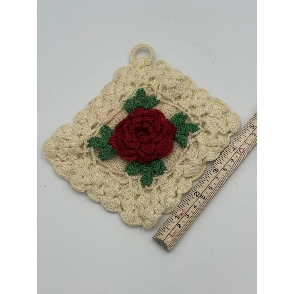 VTG  Granniecore Red Rose Granny Square Crochet Potholder Trivet